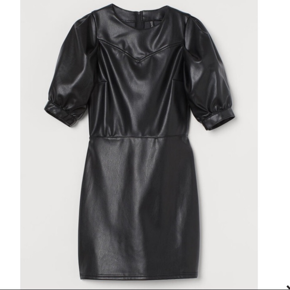 H&M NEW Faux Leather Short Mini Dress Black Small Puffy Shoulder Edgy